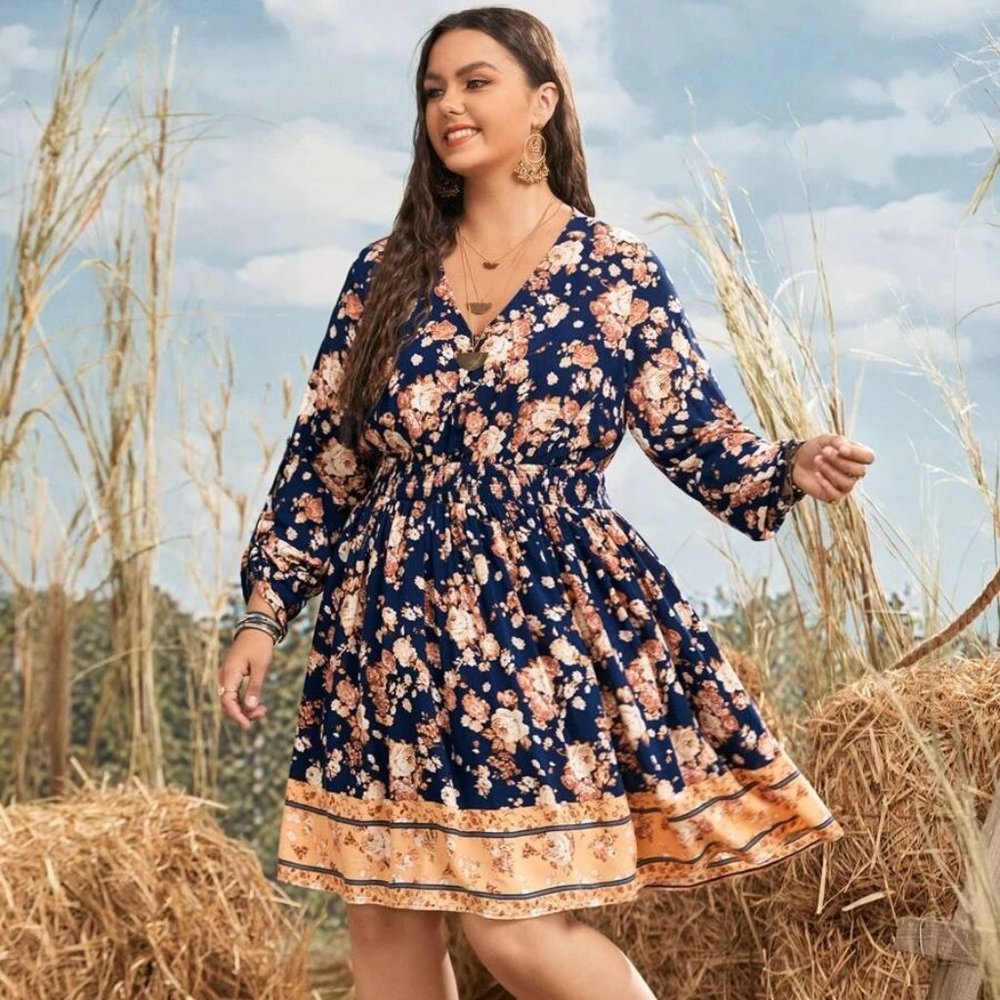 Plus Floral Print Shirred Waist Roll Up Sleeve Dress